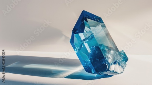 A large blue crystal formation sits on a white background photo