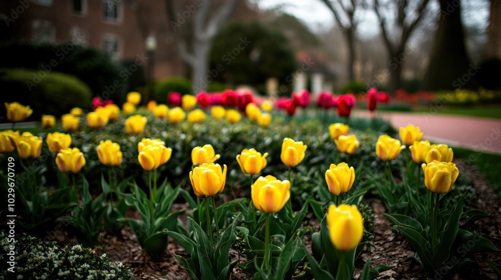 Fototapeta premium Yellow Tulips Blooming in a Garden Setting