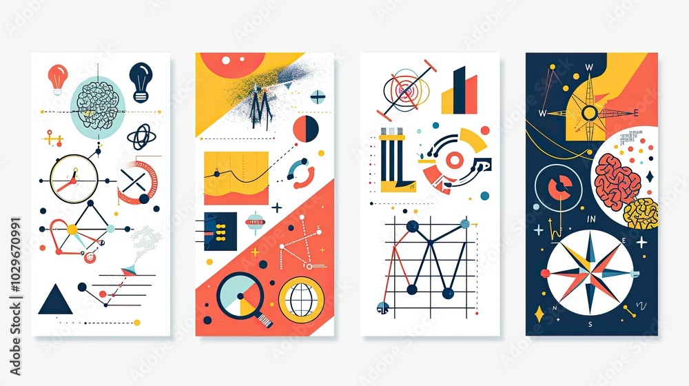 A set of four posters with various symbols and shapes, including a light bulb A set of four posters with various symbols and shapes, including a light bulb