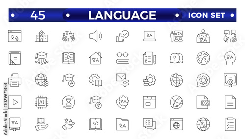 Language web outline icon set. Language translation, linguistics, speaking, dictionary, listening skills, writing, communication, translate, speech, non-verbal, writing, dictionary, text  collection.