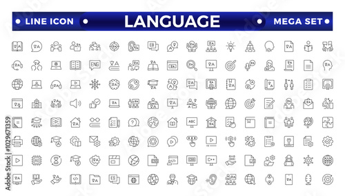 Language web outline icon set. Language translation, linguistics, speaking, dictionary, listening skills, writing, communication, translate, speech, non-verbal, writing, dictionary, text  collection.