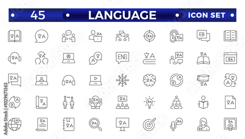 Language web outline icon set. Language translation, linguistics, speaking, dictionary, listening skills, writing, communication, translate, speech, non-verbal, writing, dictionary, text  collection.
