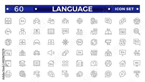 Language web outline icon set. Language translation, linguistics, speaking, dictionary, listening skills, writing, communication, translate, speech, non-verbal, writing, dictionary, text  collection.