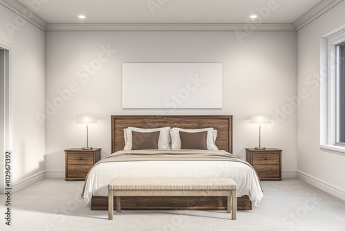A cozy, minimalist bedroom with a wooden bed, nightstands, and neutral tones.