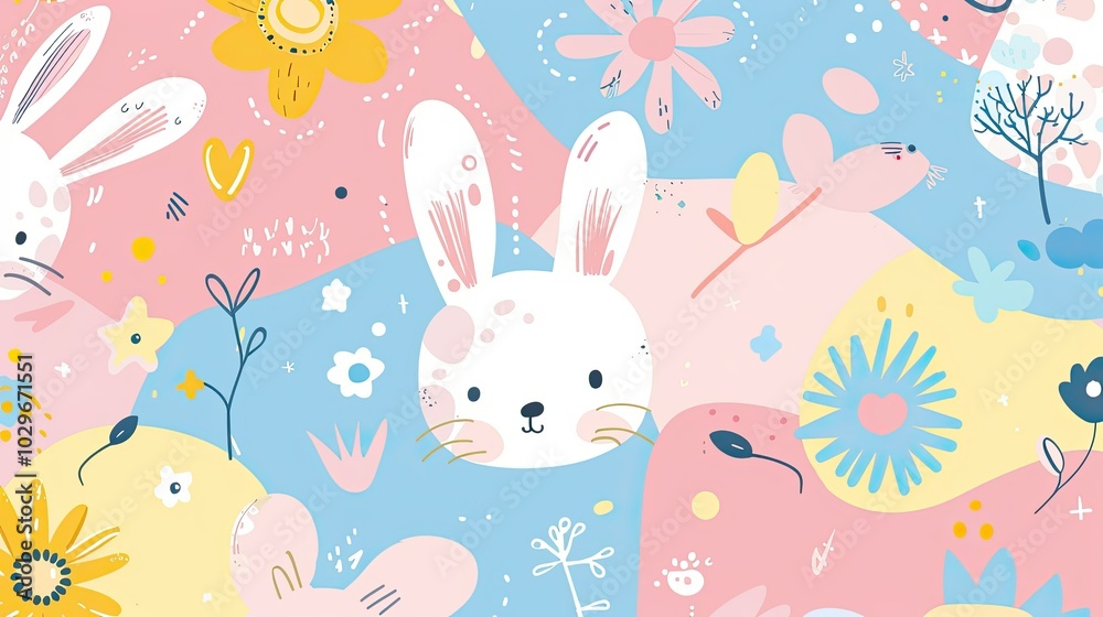A colorful background with a rabbit and a cat on it A colorful background with a rabbit and a cat on it
