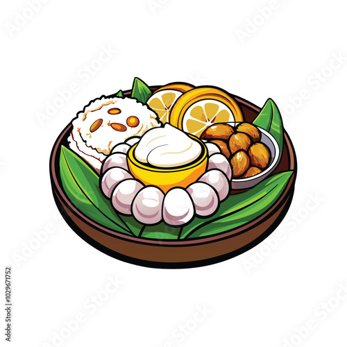 Generate a vibrant vector illustration of a Thai dessert platter featuring sticky rice, sweet beans, mango, and coconut milk.