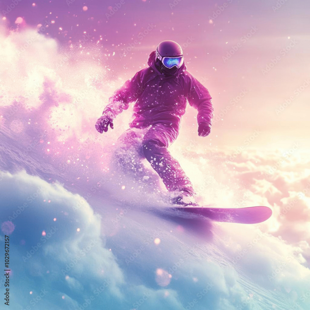 Snowboarder gliding through dreamy snow with colorful sky. Snowboarder gliding through dreamy snow with colorful sky.
