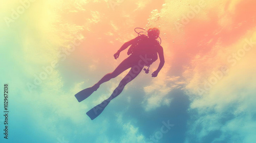 Silhouette of diver swimming under colorful ocean sky.