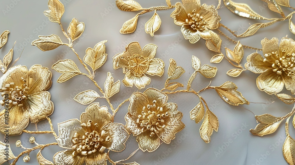 Golden Floral Embroidery on Sheer Fabric Golden Floral Embroidery on Sheer Fabric