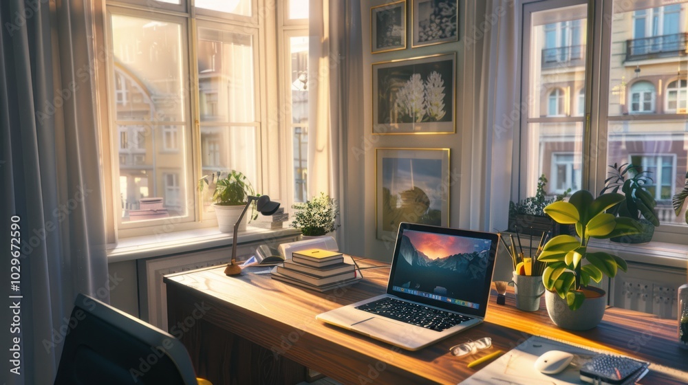 Laptop on desk by the window with plant Laptop on desk by the window with plant