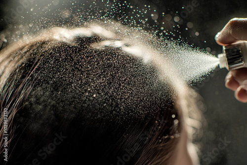 Woman blowing hair with spray in salon chair, mirror reflection shows hairstylist working on intricate braid. photo