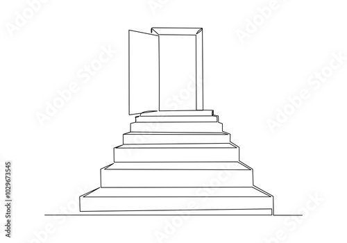 Continuous single line sketch drawing of open door and stairs for business achievement and future freedom hope entrance opportunity one line vector illustration