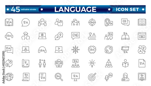 Language web outline icon set. Language translation, linguistics, speaking, dictionary, listening skills, writing, communication, translate, speech, non-verbal, writing. Editable stroke outline icon.
