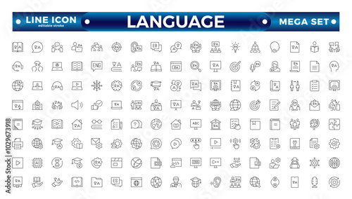 Language web outline icon set. Language translation, linguistics, speaking, dictionary, listening skills, writing, communication, translate, speech, non-verbal, writing. Editable stroke outline icon.
