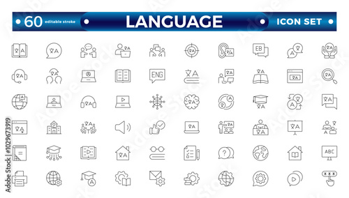 Language web outline icon set. Language translation, linguistics, speaking, dictionary, listening skills, writing, communication, translate, speech, non-verbal, writing. Editable stroke outline icon.

