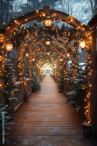 Um caminho iluminado por luzes cintilantes, decorado com guirlandas e adornado com uma leve camada de neve, cria uma atmosfera encantadora e festiva para o Natal photo