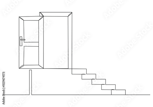 Continuous single line sketch drawing of open door and stairs for business achievement and future freedom hope entrance opportunity one line vector illustration