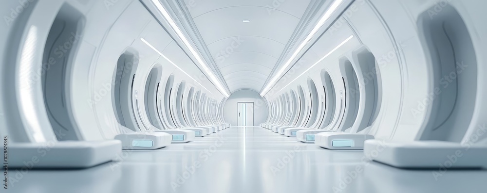 Naklejka premium Futuristic corridor with white walls and illuminated spaces, minimalistic design.