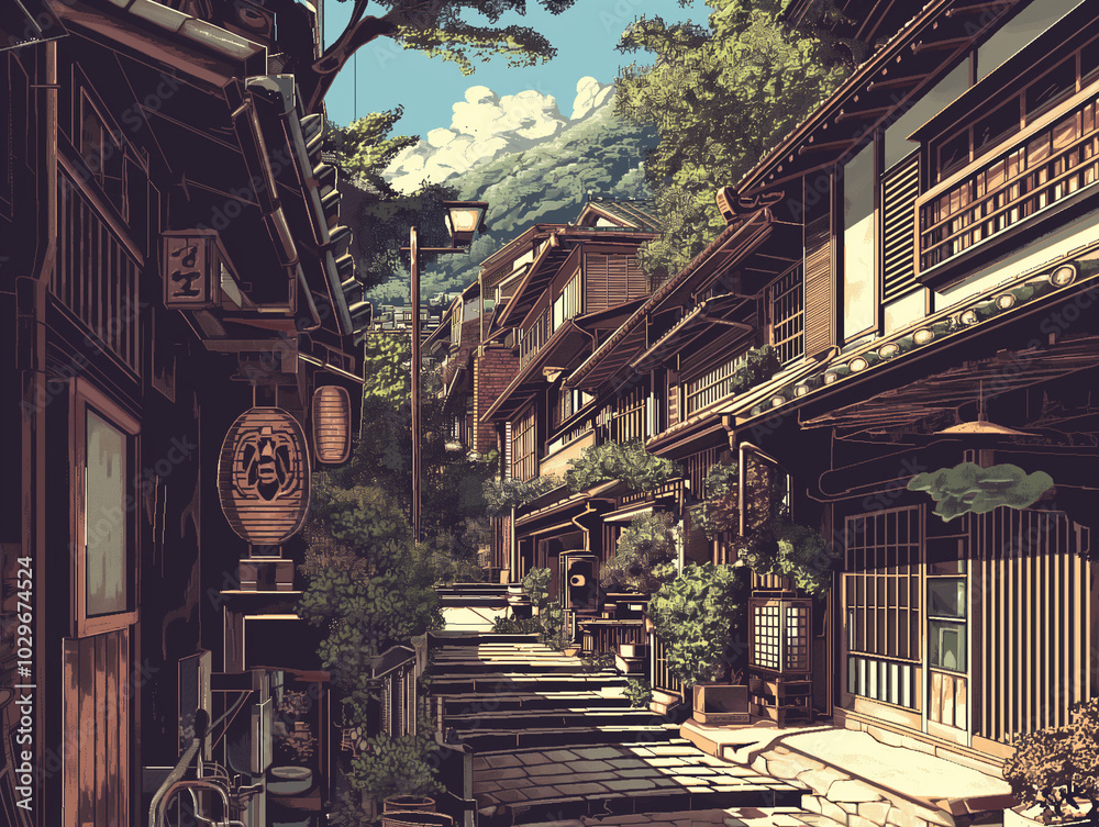 Fototapeta premium 日本の街の風景｜ドット絵