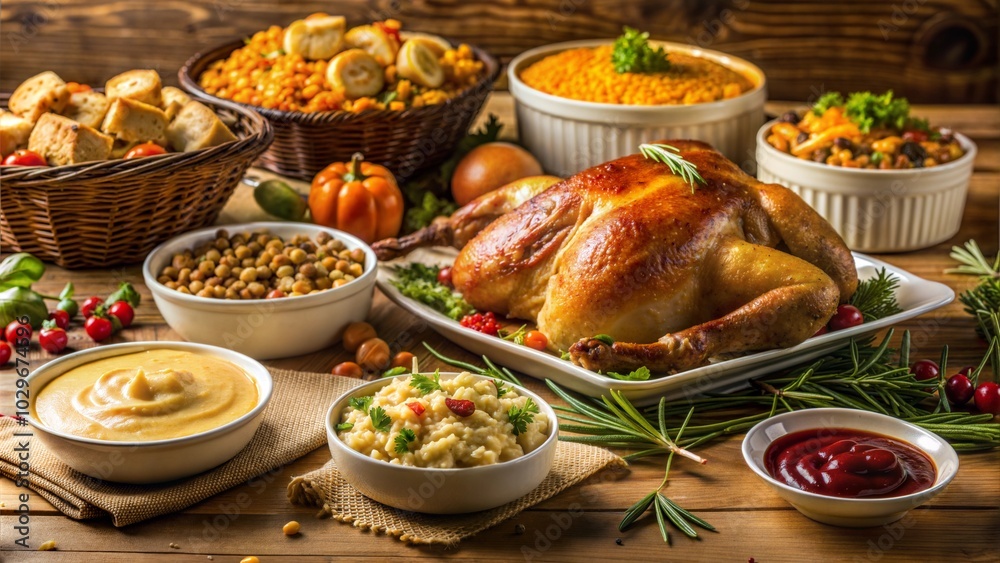 Thanksgiving feast with roasted turkey, side dishes, and sauces