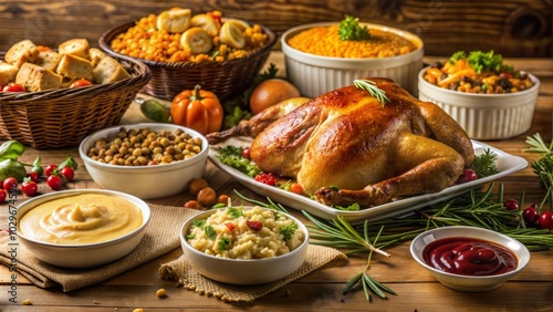 Thanksgiving feast with roasted turkey, side dishes, and sauces