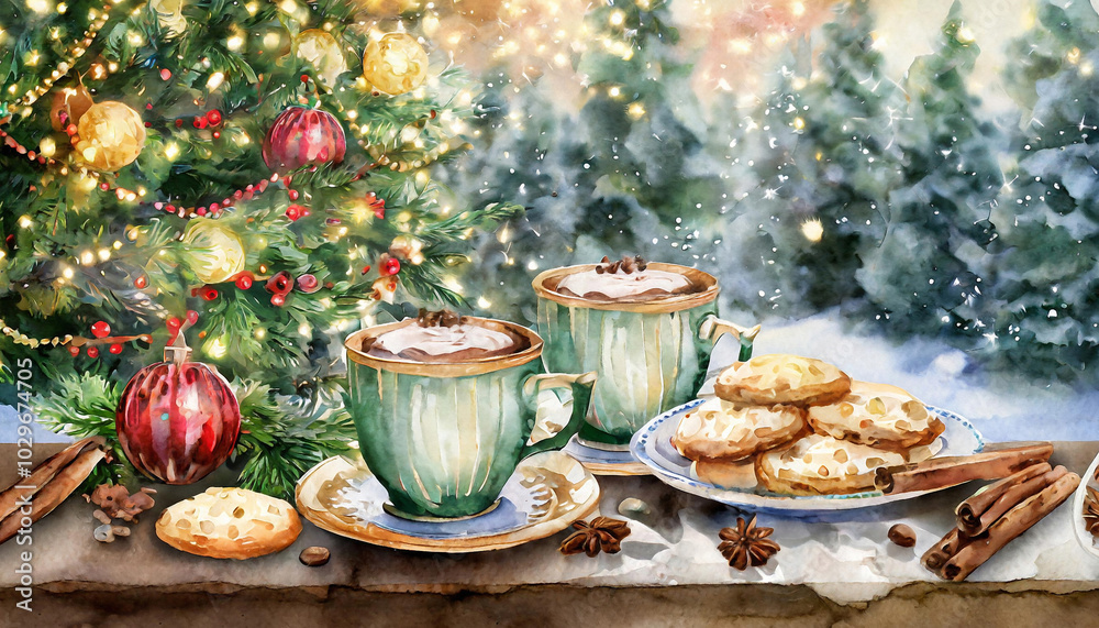 Fototapeta premium Cozy Christmas scene with two teacups of hot cocoa, gingerbread cookies, cinnamon rolls, and star anise, set against a snowy backdrop of decorated pine trees and twinkling fairy lights.