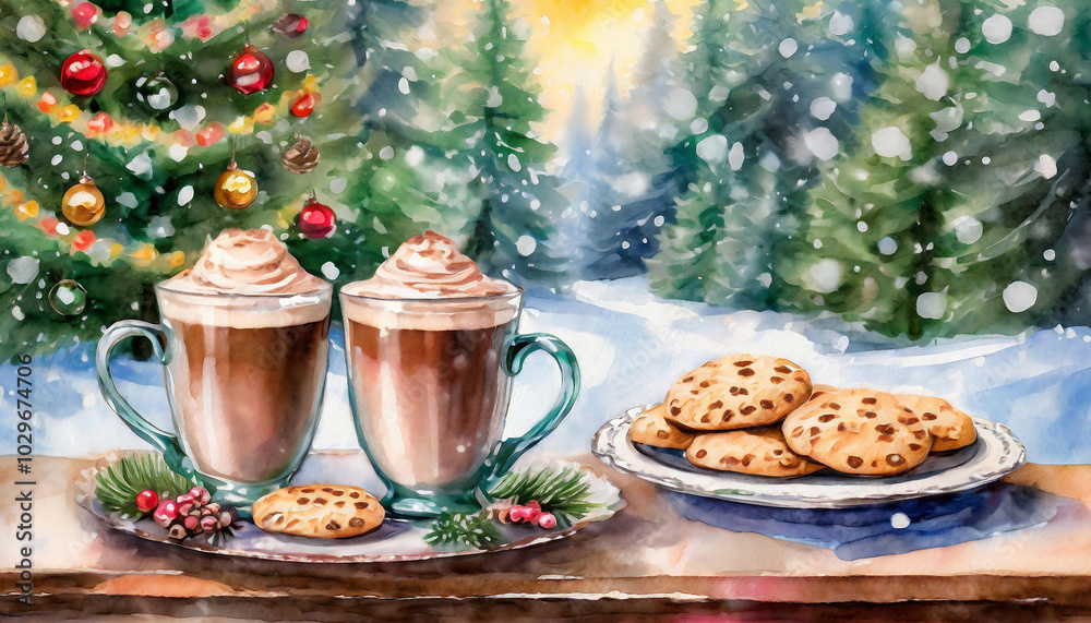 Cozy Christmas scene with two mugs of hot cocoa, gingerbread cookies, cinnamon rolls, and star anise, set against a snowy backdrop of decorated pine trees and twinkling fairy lights.