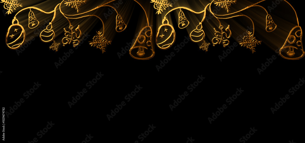 Fototapeta premium Golden christmas decoration is hanging on black background with copy space