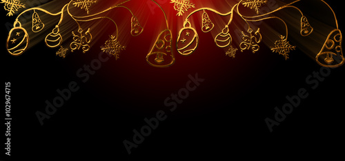 Golden christmas decoration is hanging on black background with copy space