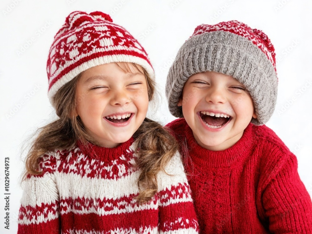 Crianças em ritmo de Natal sorrindo em fundo branco Crianças em ritmo de Natal sorrindo em fundo branco