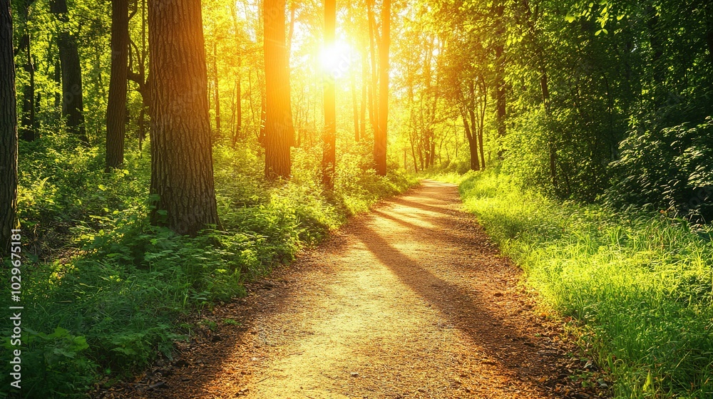 Obraz premium Serene Forest Pathway with Sunlight Glimmering Through Trees