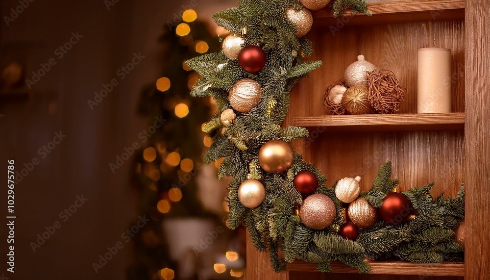 christmas wreaths with ornaments; greeting card template background