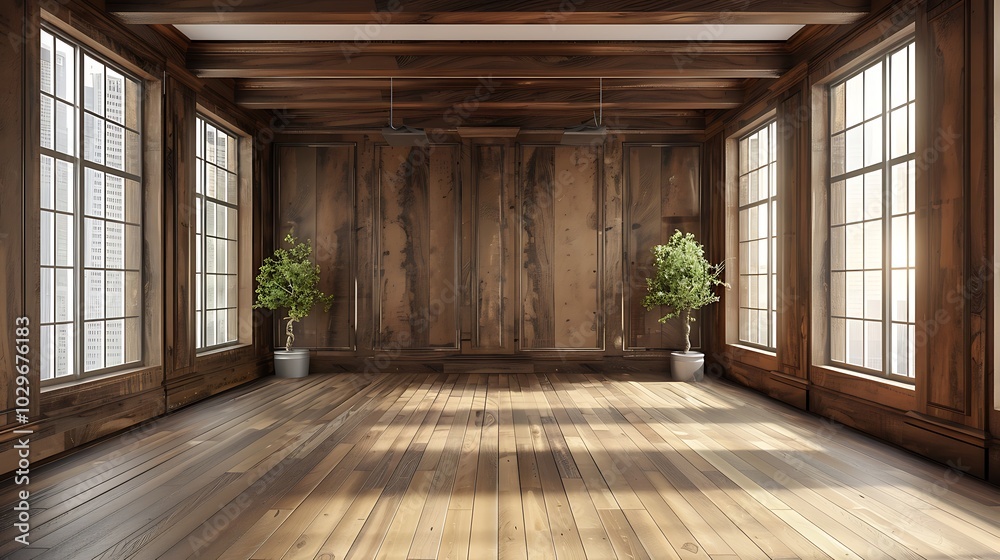 Empty wooden room with large window Empty wooden room with large window