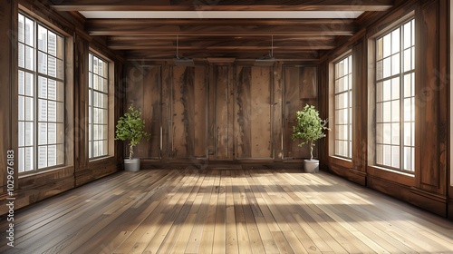 Empty wooden room with large window