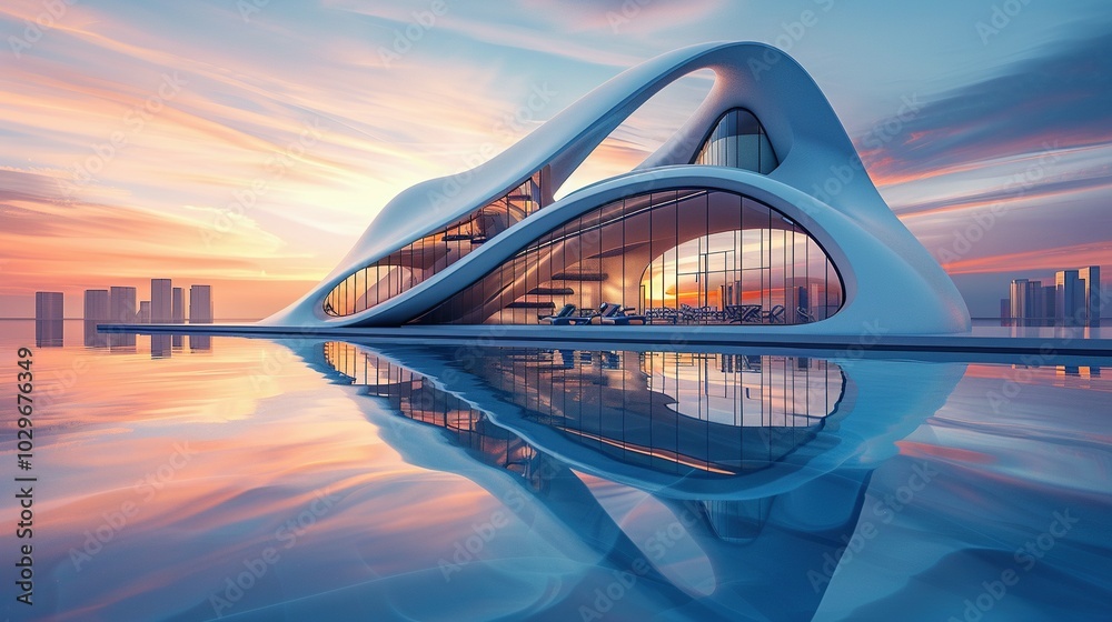 Futuristic Modern Architecture with Reflection in a Pool at Sunset