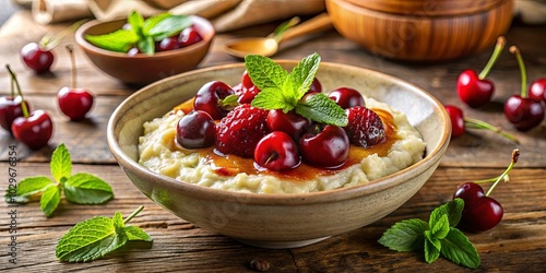 A bowl of creamy porridge topped with fresh cherries and a sprig of mint, surrounded by scattered cherries and mint leaves on a rustic wooden table.