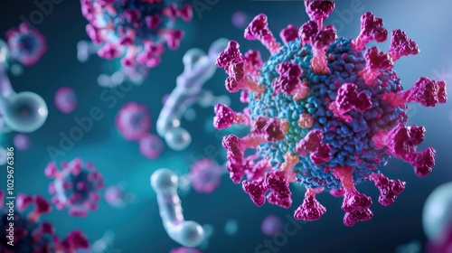 Colorful virus model against a blurred background, showcasing detailed molecular structure.