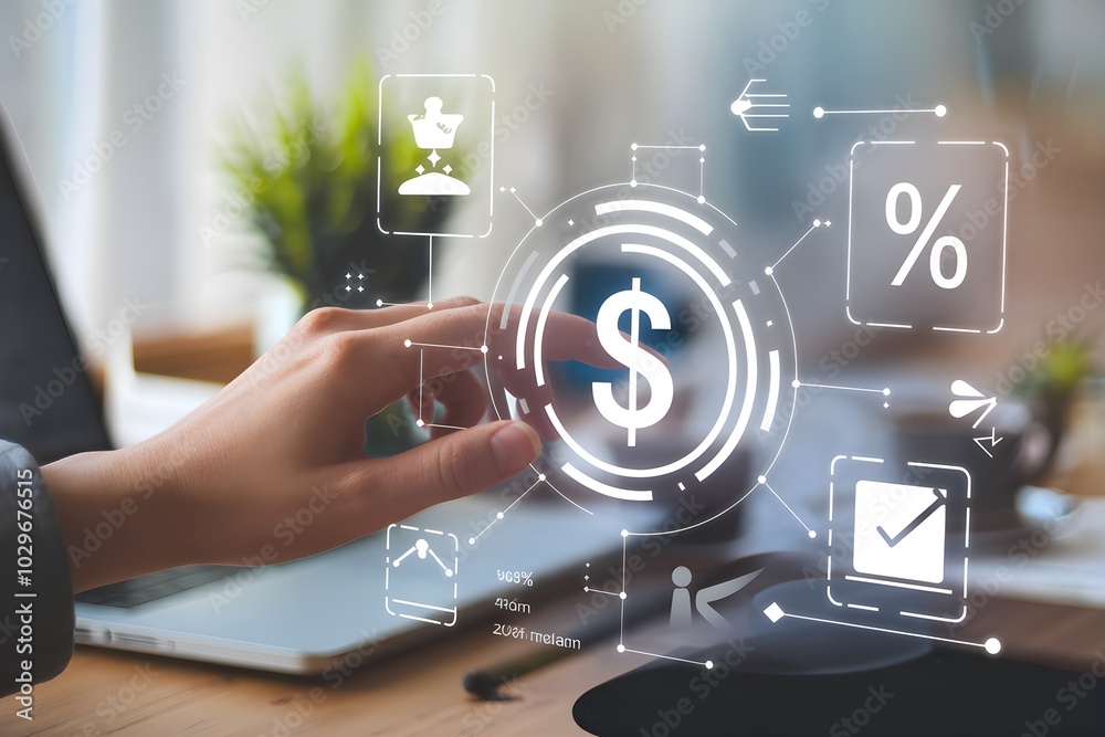 Hand Interacting with Digital Financial Interface on Monitor