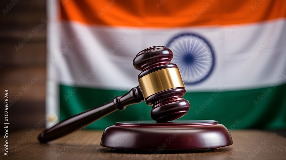 Indian Judicial Gavel and Flag Backdrop Representing National Legal System Indian Judicial Gavel and Flag Backdrop Representing National Legal System