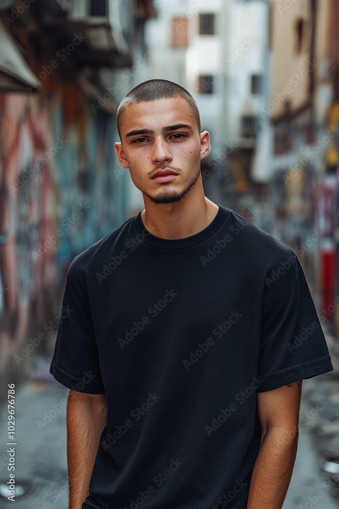 A man with a buzz cut in a blank black t-shirt, standing in an urban alleyway, graffiti on the walls, front view, intense expression. A man with a buzz cut in a blank black t-shirt, standing in an urban alleyway, graffiti on the walls, front view, intense expression.