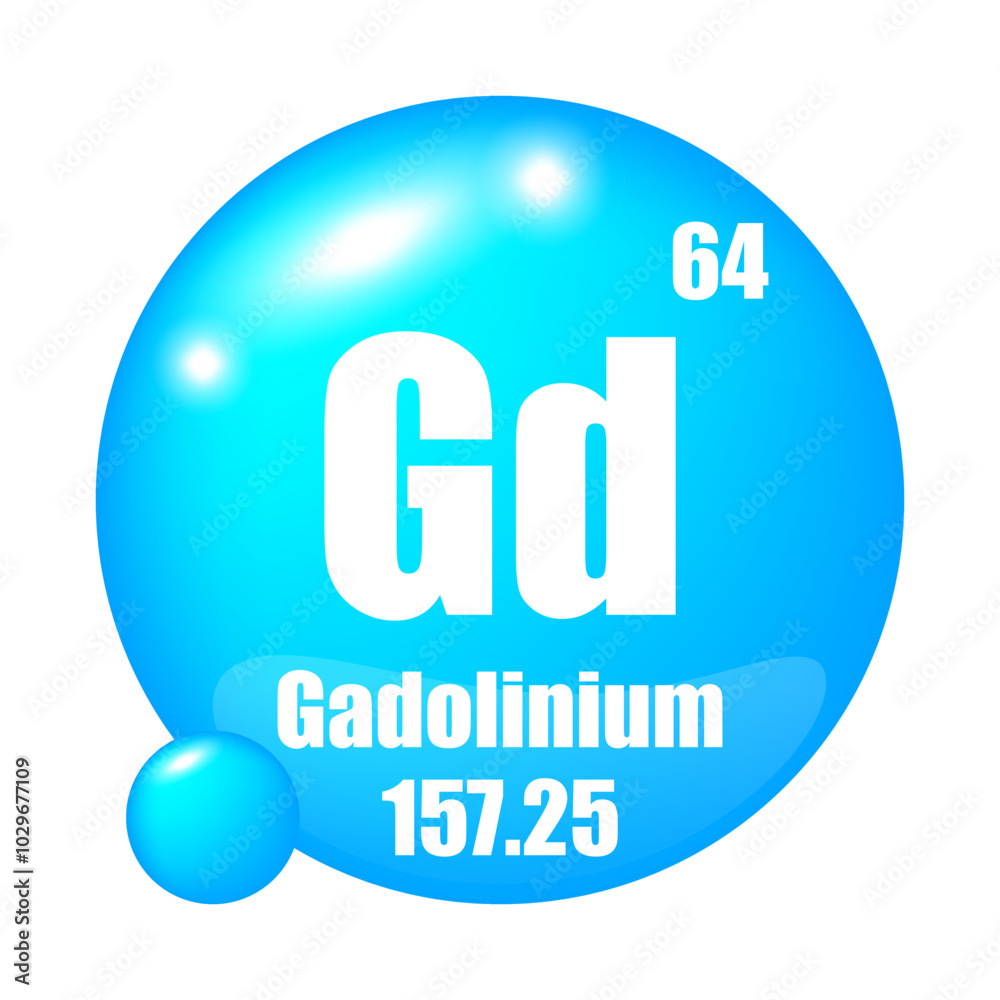 Gd icon. Gadolinium element. Atomic number 64. Mass 157.25. Blue sphere background. Vector symbol. Gd icon. Gadolinium element. Atomic number 64. Mass 157.25. Blue sphere background. Vector symbol.