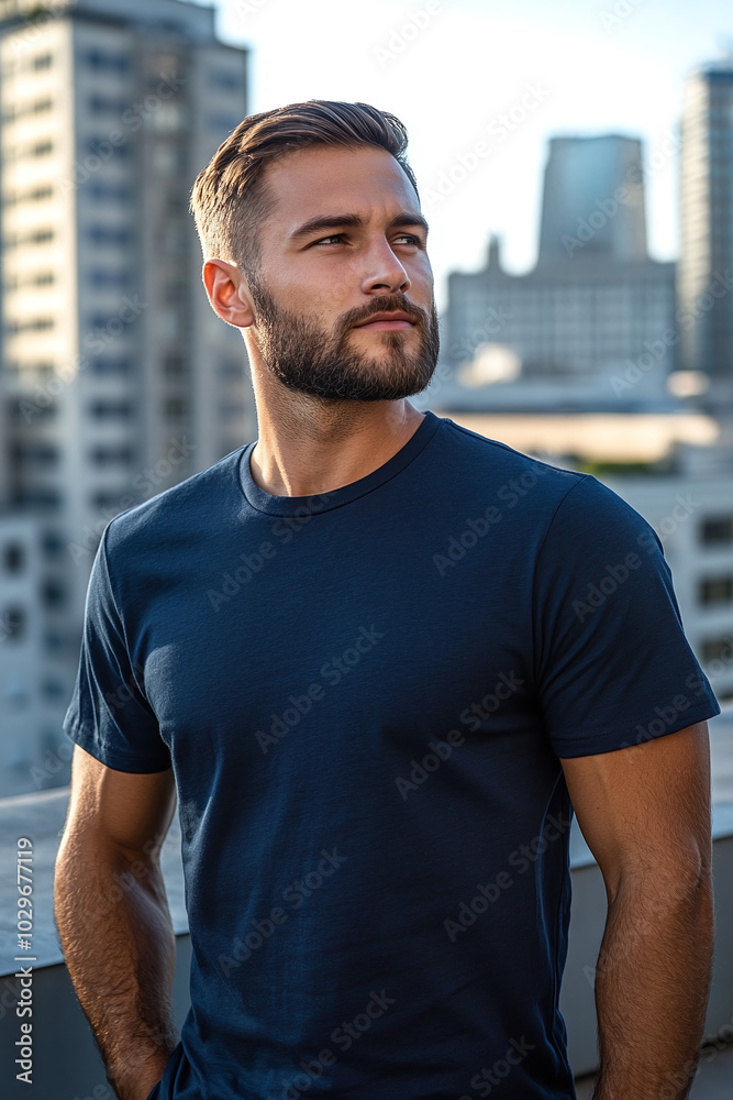 A man with a trimmed beard in a blank navy blue t-shirt, standing on a city rooftop, skyline in the background, side view, confident posture. A man with a trimmed beard in a blank navy blue t-shirt, standing on a city rooftop, skyline in the background, side view, confident posture.