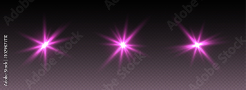 Pink lens flare, glowing star with rays, shiny flash spark, bright cosmic explosion. Vector illustration.