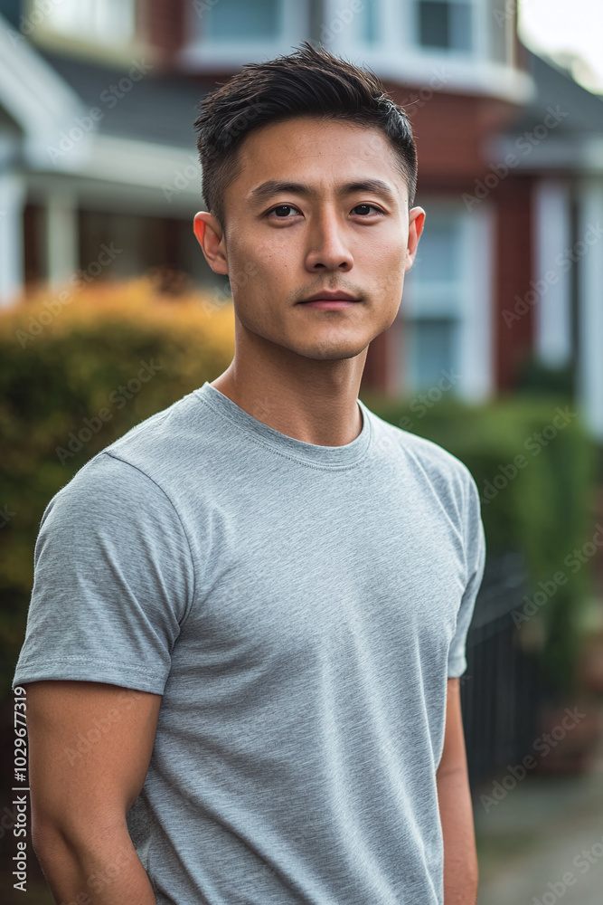 A man with short black hair in a blank gray t-shirt, standing in front of a suburban house, front view, casual expression. A man with short black hair in a blank gray t-shirt, standing in front of a suburban house, front view, casual expression.