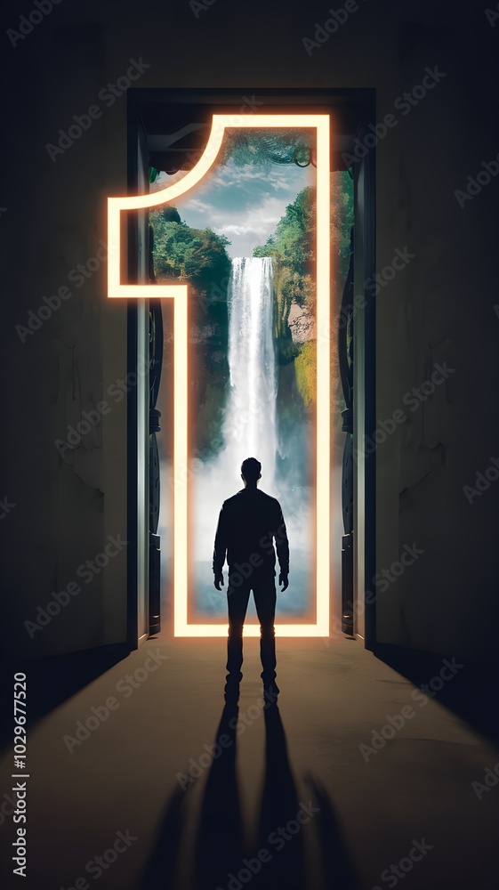 Obraz premium Silhouetted Figure Standing at the Threshold of a Magical Landscape