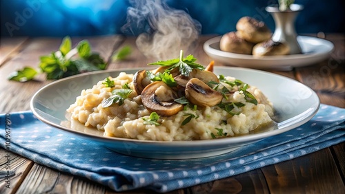 Creamy risotto with sauteed mushrooms and fresh herbs, served on a blue plate with a polka dot napkin