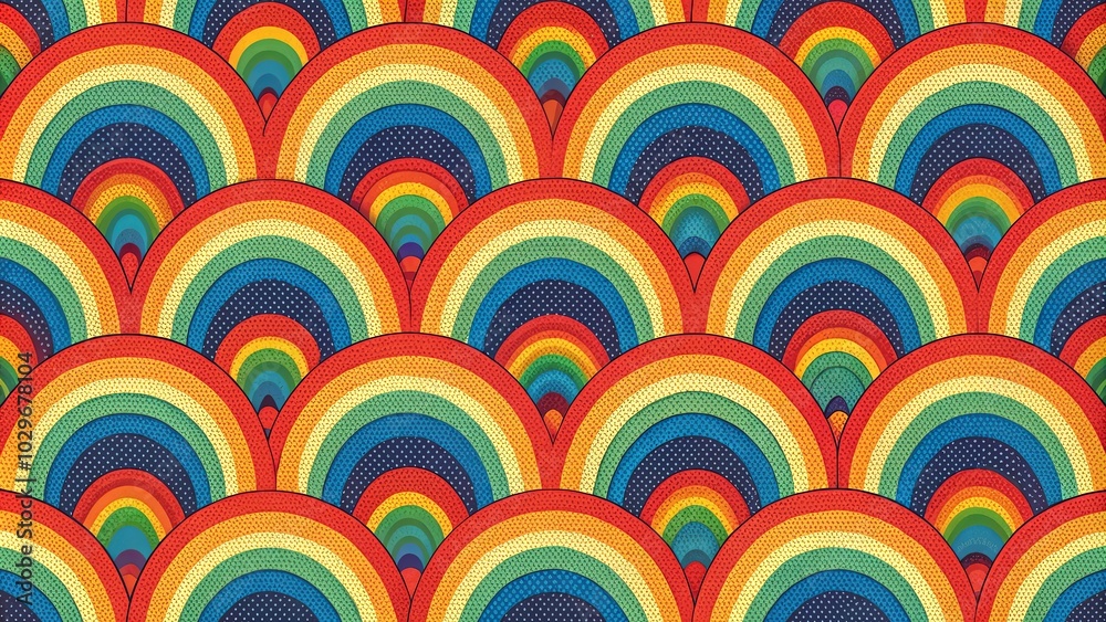 A Retro Pattern of Interlocking Rainbow Arcs With Dotted Texture A Retro Pattern of Interlocking Rainbow Arcs With Dotted Texture