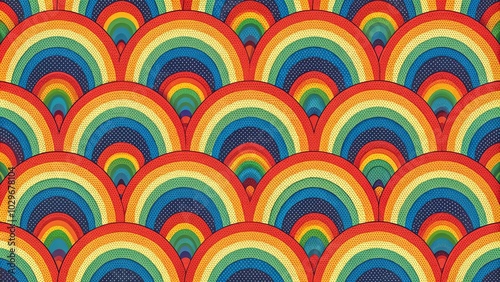 A Retro Pattern of Interlocking Rainbow Arcs With Dotted Texture