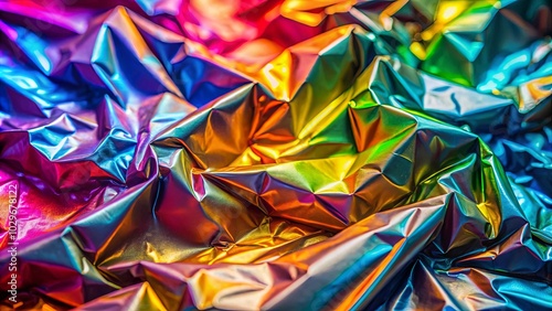 A symphony of iridescent hues, a fabric tapestry of shimmering color and depth. The folds and creases create a play of light and shadow, highlighting the vibrant spectrum of the material.