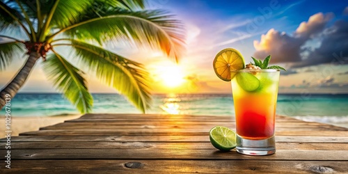 A vibrant cocktail, adorned with citrus and mint, rests on a wooden surface, the backdrop a picturesque scene of a palm tree silhouetted against a stunning sunset over the ocean.